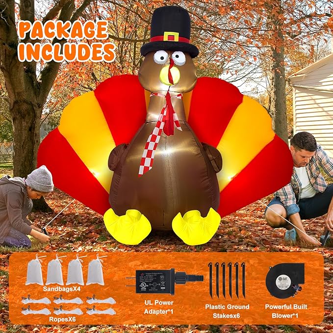 Sizonjoy Inflatable Turkey Decorations,6 Ft Thanksgiving Inflatables Outdoor Decorations with Built-in LED Lights & Fan Outdoor Thanksgiving Decor