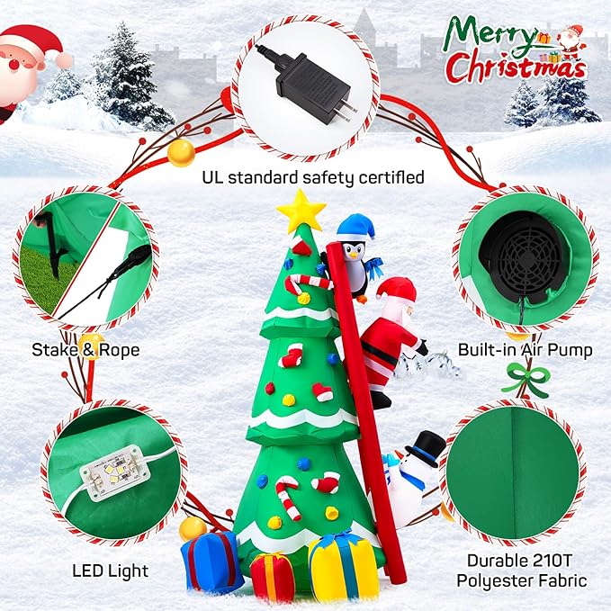 8FT Christmas Inflatable Decorations, Santa Climbing Ladder to Christmas Tree, Outdoor Christmas Blow up Yard Decor with LED Lights Star Treetop for Holiday Party Garden Patio Display Hall Lawn