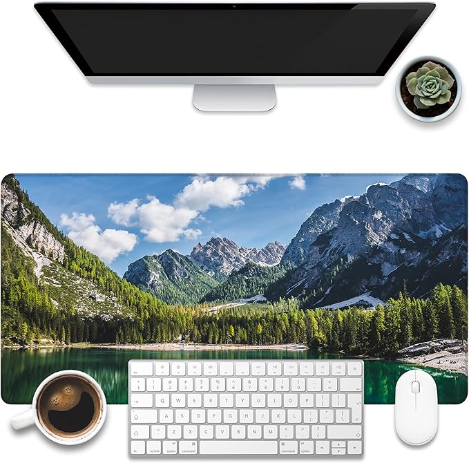 Desk Mat, Lake Mountain Landscape Desk Pad, The Alps Large Gaming Mouse Pad for Desk, 31.5"x15.7" Extended Big Computer Keyboard Mouse Pad with Non-Slip Base and Stitched Edge