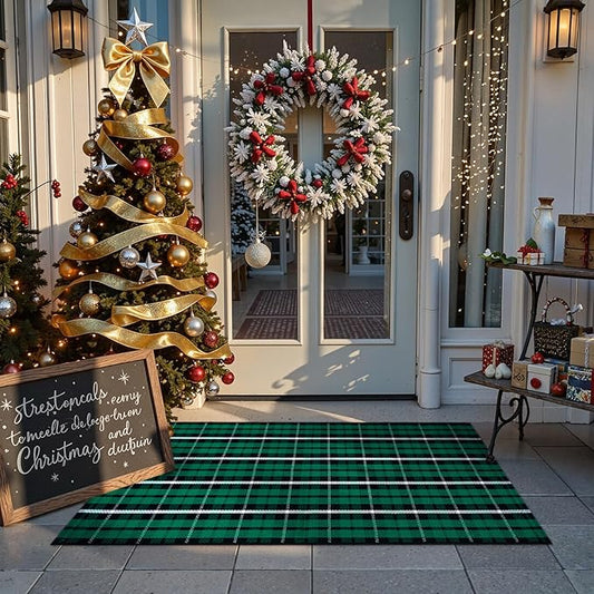 Christmas Door Mat Outdoor 24"x51", Green/Black Buffalo Plaid Front Porch Rug Cotton Hand-Woven Washable Layered Door Mats,Reversible Checkered Floor Rugs for Home Decor Outside