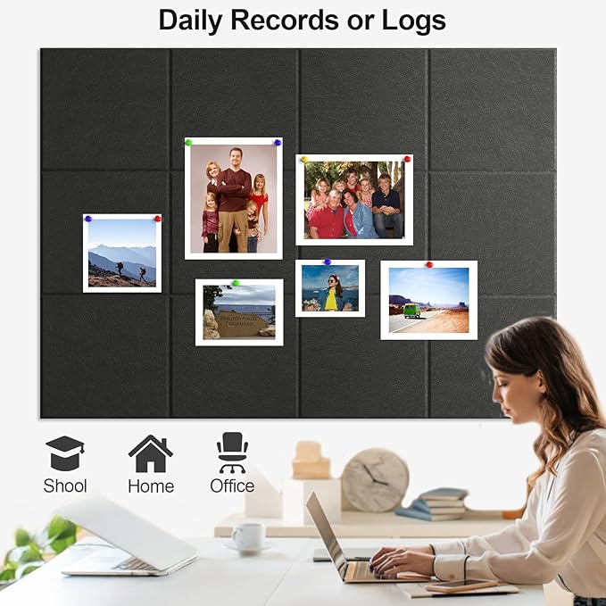 Large Cork Board for Walls 47" x 35" 12 Pack Black Bulletin Boards Felt Wall Tiles with Safe Removable Adhesive Corkboards for Office Home,Black