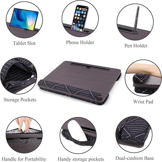 Lap Desk,Fits up to 15.6 inch Laptop Bed Table Computer with Soft Pillow and Storage Bag,Gaming Tray and Writing Tray on Bed for Home Office(2-Dark Brown)