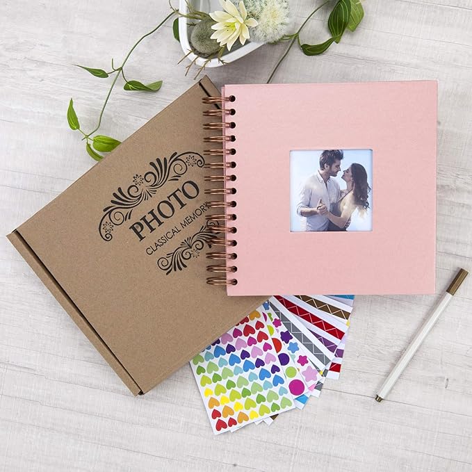 8 x 8 Inch Small DIY Scrapbook Photo Album with Window Design Cover 80 Pages Craft Paper Memory Book for Weeding Family Travel and Baby (Pink)