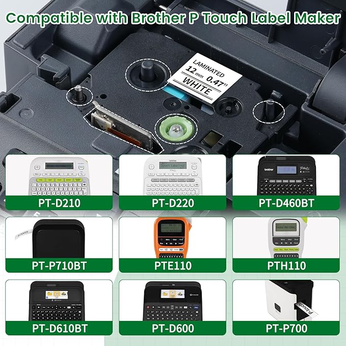 Label Maker Tape Replace for Brother P Touch Label Tape TZe-231 12mm 0.47 Laminated White TZe TZ 231 Refills Replacement for Brother Label Maker PTouch PTH-110 111 D220 D210 D410,8 pk