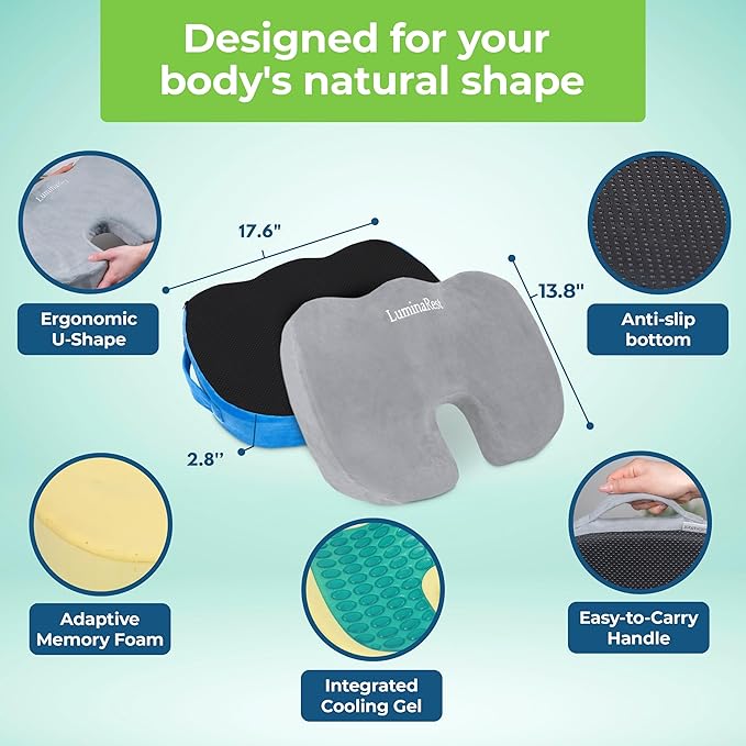 LuminaRest® Gel Enhanced Seat Cushion for Long Sitting – CertiPUR-US® Certified Memory Foam – Premium Gel Tailbone Pain Relief Cushion, Adaptable for Office, Car, Airplane & Wheelchair – (Gray)