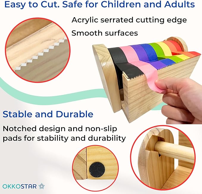 Wooden Kids Craft Tape Dispenser, Multi Roll Masking Tape Holder, Washi Tape Dispenser (Acrylic Serrated Cutter) - Perfect Craft Organizer for Children - [Masking Tape NOT Included]