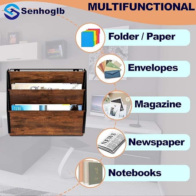 Metal Wall File Holder Organizer, 3-Tier Mesh Hanging Wall File Organizer, Magazine Rack with Pockets, Wood Document Holder for Office Home, Brown