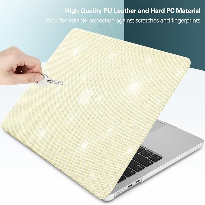 KEROM Bling Glitter Case for MacBook Air 13 inch 2022-2018 M1 A2337 A2179 A1932, MacBook Air M1 Case, Luxury Bedazzled Shiny Sparkle PU Leather Hard Shell & Keyboard Cover for Mac Air 13 M1, Yellow