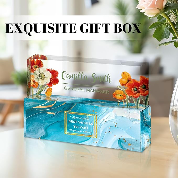 Ship Next Day Personalized Name Plate for Desk, Custom Acrylic Desk Name Sign, Office Appreciation Gifts for Women Men Coworkers Boss Teacher Employee (Flower-Floral)