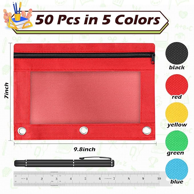 Pencil Pouch for 3 Ring Binder, 50 Piece Bulk 3 Holes Zipper Pencil Pouches in 5 Assorted Colors, Clear Durable Pencil Case for School, Classroom, Office Supplies