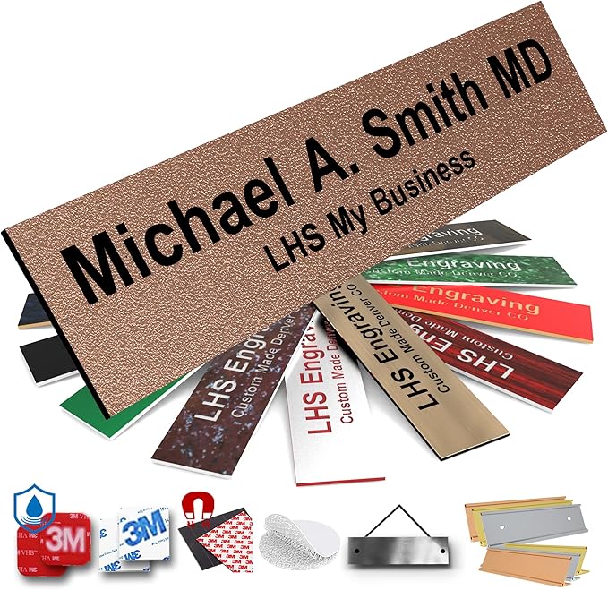Engraved Name Plates for Door Sign Personalized Textured Copper Plastic Plaque with Black Letters - Made in USA 2x6 M2