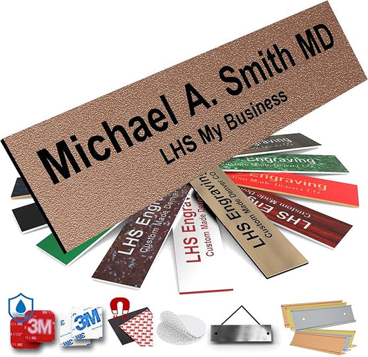 Engraved Name Plates for Door Sign Personalized Textured Copper Plastic Plaque with Black Letters - Made in USA 2x12 M2