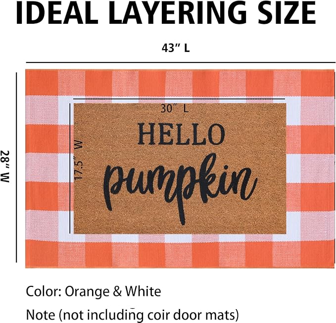 Orange and White Plaid Rug, 28'' x 43'' Fall Front Door Decor Mat, Cotton Washable Hand-Woven Door mat for Layered Doormat, Autumn Halloween Thanksgiving Carpet for Porch, Entryway