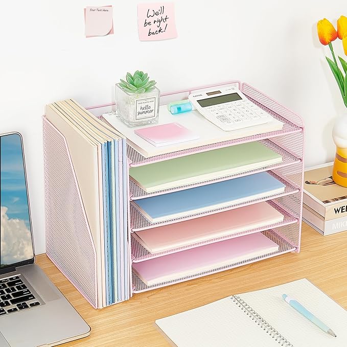 OPNICE 5-Tier Paper Organizer with Magazine Holder, Desk Organizers and Accessories, Office Desk Accessories & Workspace Organizers, Desktop File Organizer for Office Supplies Storage, Pink