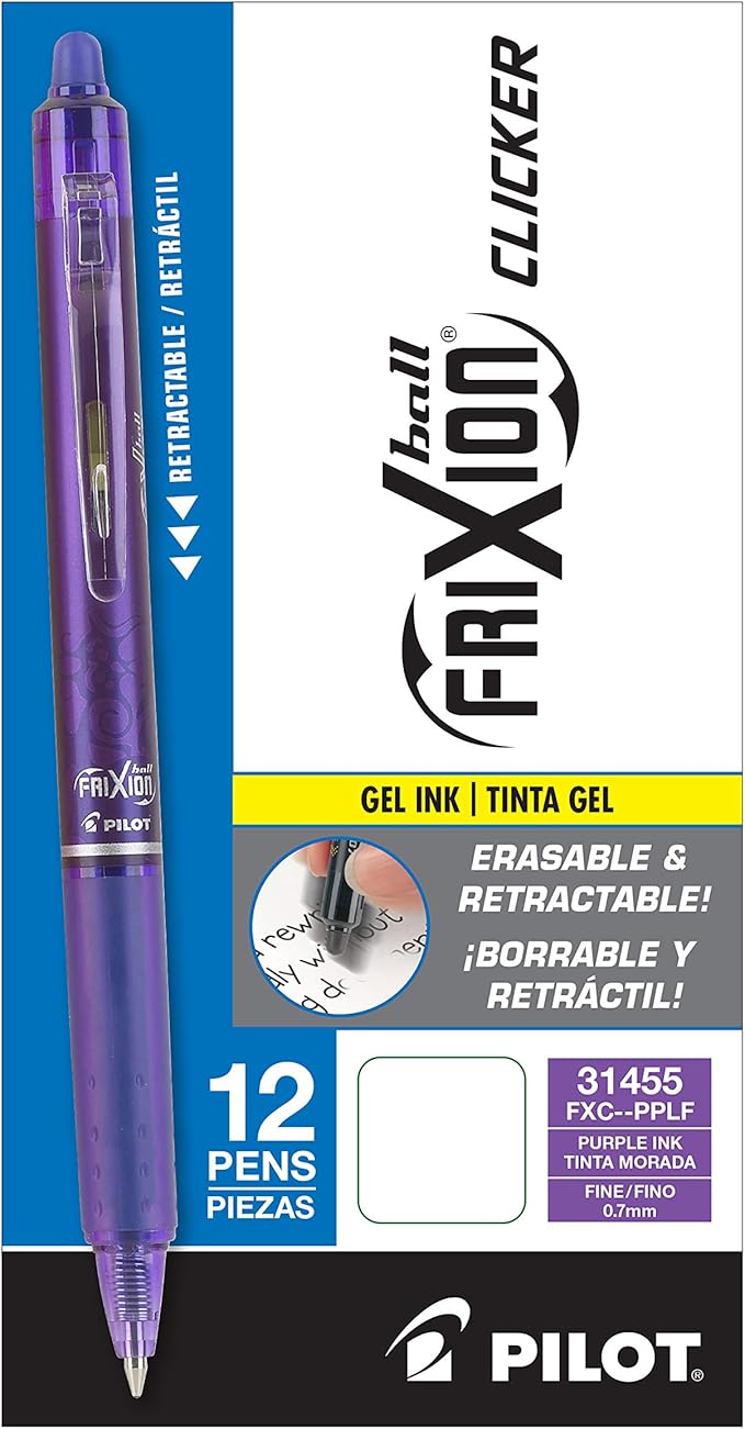 Pilot, FriXion Clicker Erasable Gel Pens, Fine Point 0.7 mm, Pack of 12, Purple