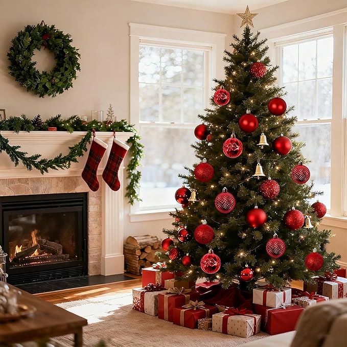 Christmas Tree Decorations Ornament Set, 60ct 2.36 Inches Red Shatterproof Christmas Ball Ornaments, Hanging Ball for Xmas Holiday Wedding Party Decor