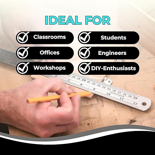 NOKKO Metal Ruler 12 Inch - Pack of 10 - Measuring Set of 12-Inch / 30 cm Stainless Steel Rulers with Imperial & Metric Measurements & Conversion Table - Metal Straight Edge Ruler for Cutting