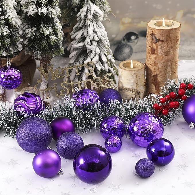 Christmas Balls Ornaments -36pcs Shatterproof Christmas Tree Decorations with Hanging Loop for Xmas Tree Wedding Holiday Party Home Decor,6 Styles in 3 Sizes(Purple)