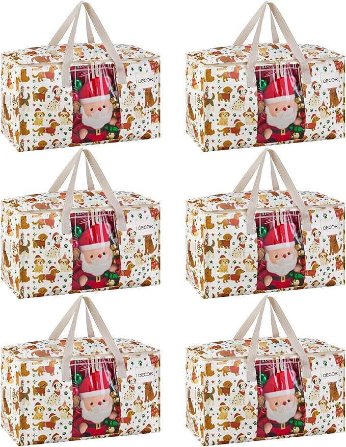 VENO 6 Pack Moving Bags, Large Christmas Storage Bins with lids, Packing Supplies for College, Alternative to Moving Boxes, Foldable, Heavy-Duty Tote, Christmas Pattern (Holiday Pups, 6 Pack)