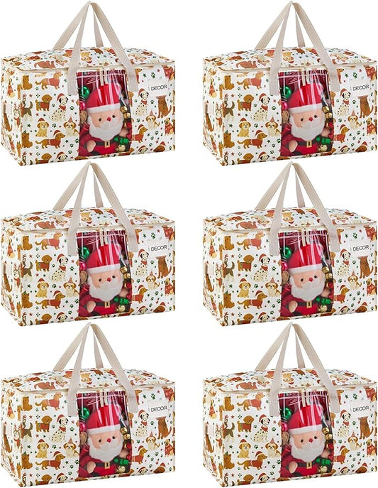 VENO 6 Pack Moving Bags, Large Christmas Storage Bins with lids, Packing Supplies for College, Alternative to Moving Boxes, Foldable, Heavy-Duty Tote, Christmas Pattern (Holiday Pups, 6 Pack)