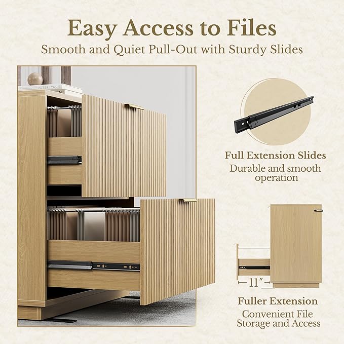 2 Drawer Fluted File Cabinet, 32'' Lateral File Cabinet for Legal/Letter/A4/F4 Size Hanging Files, Wood File Storage for Home Office, Light Walnut