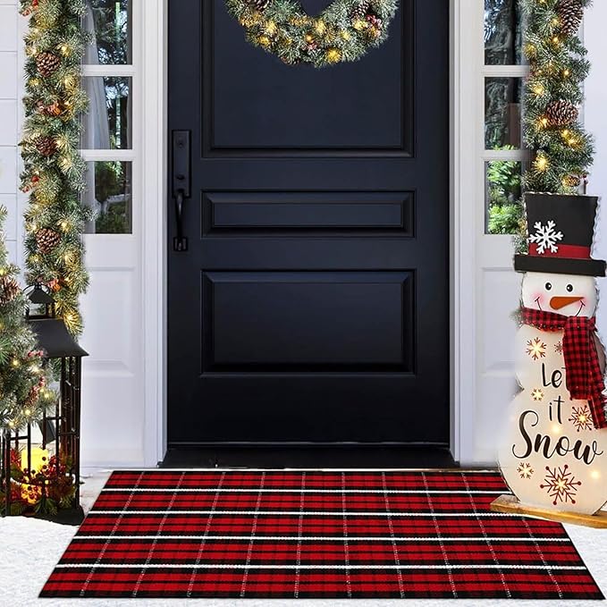 Buffalo Plaid Outdoor Rug Christmas Door Mat Christmas Decor Welcome Rug Cotton Hand-Woven Layered Door Mats for Front Porch, Kitchen, Farmhouse, Entryway (24"x51", Red/Black/White)