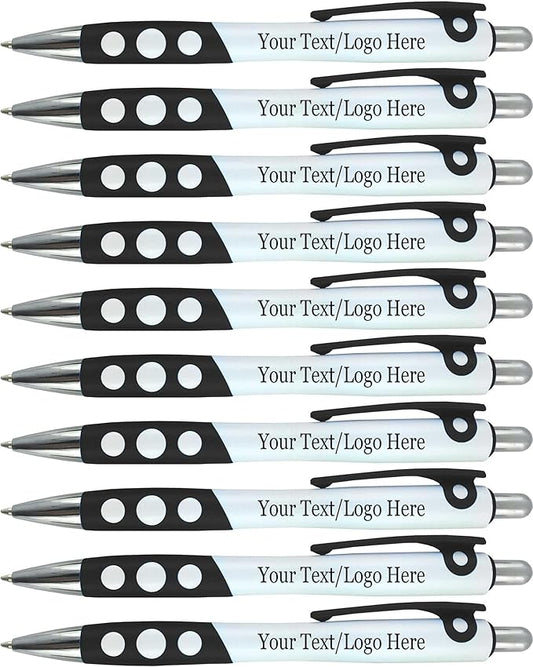 SyPen Personalized Ballpoint Pens With Custom Logo/Text-350 Pack Bulk-for Businesses, Parties, & Events, Custom Printed, White Barrel with Matching Colored Clip and Grip, Click Pens, Black Ink, Black