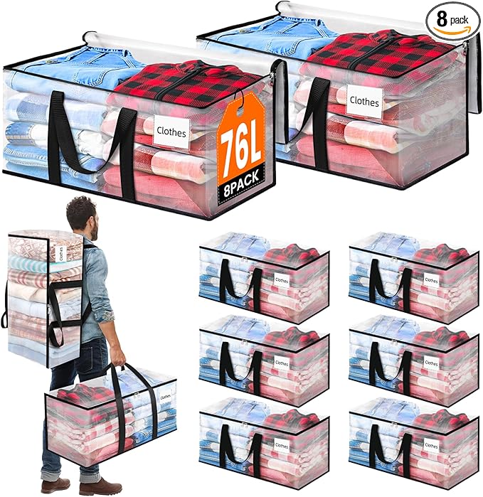 BlissTotes 8-Pack Large Moving Bags with Backpack Straps & Strong Zippers, Heavy-Duty Storage Bags Moving Boxes for Space Saving, Dorms, Transport, 76L-20 Gallons, Clear