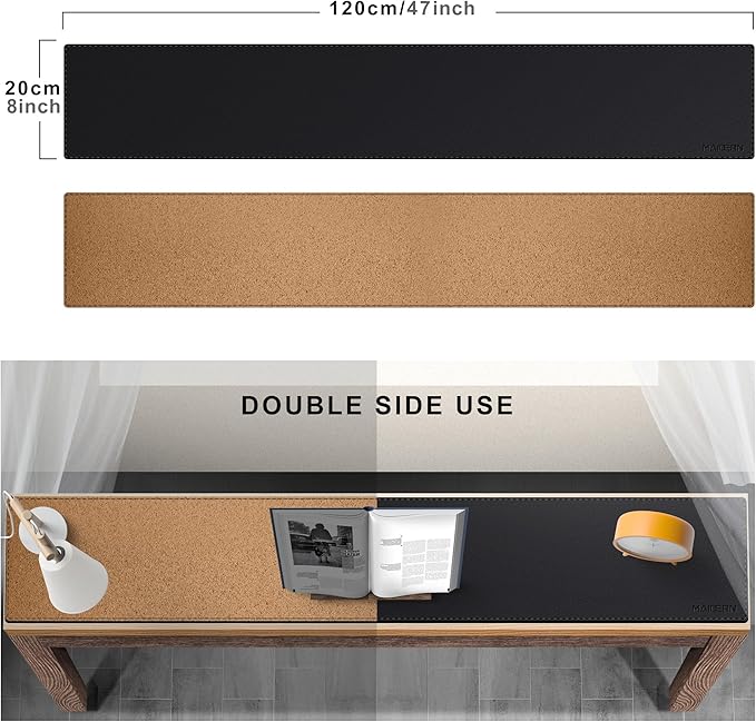 MAIDERN 47” x 7.9” Narrow Table Cover, Reversible Leather & Cork Console Table Mat, Long Slim Table Protector for Sofa Table, Entryway, Sideboard, Hallway, or Buffet Table (Black)