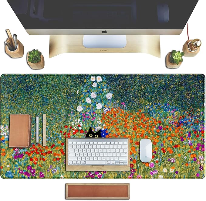 Desk Pad Cute Black Cat Oil Painting Art Floret Desk Mat Office Desk Decor Large Mouse Pad Gaming, XL Mousepad Women Office Desk Decor Laptop Keyboard Mouse Pads with Stitched Edges Mat 31.5x15.7 in