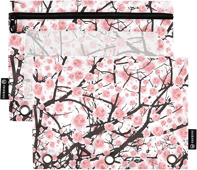 ALAZA Pencil Pouch for 3 Ring Binder, Flowers Cherry Blossom Binder Pencil Pouches with Clear Window Zipper Pencil Case Cosmetic Bags for Office College Supplies, 2PCS