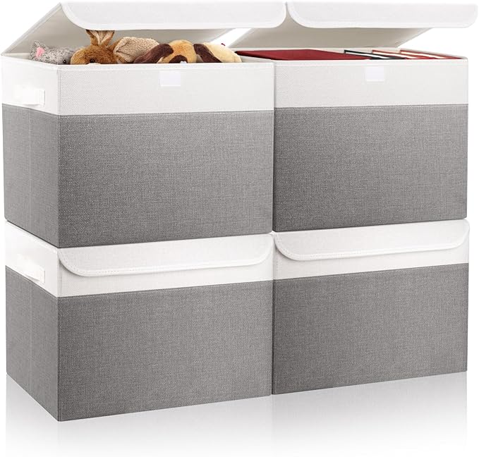 Large 22 Quart Linen Fabric Foldable Storage Bin Cube Organizer Basket with Flip-Top Lid & Handles, Clothes Blanket Box for Home, Office, Closet, Gray & White, 4 Pack 14.6 x 9.5 x 9.5”