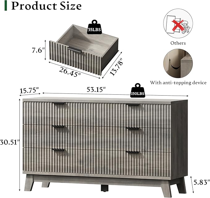 Fluted Dresser with 6 Drawers, 54" Wide Modern Chest of Drawers with Metal Handle, Wooden Dresser TV Stand, Wood Closet Clothes Storage Organizer for Bedroom, Living Room, Hallway, Light Grey