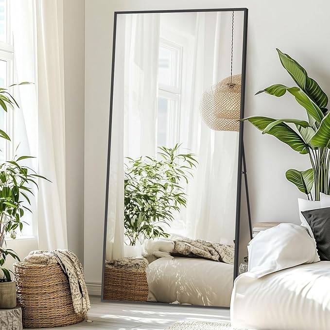 71"X32" Floor Mirror Full Length with Stand, Black Rectangle Large Free Standing Full Length Body Mirror for Gym Bedroom Living Room, Tempered Glass, Aluminum Alloy Frame