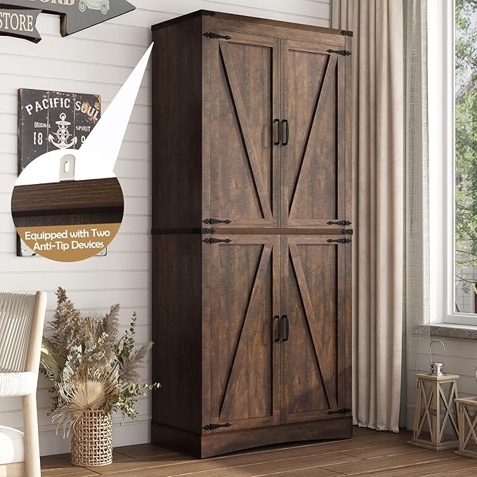 71in Farmhouse Kitchen Pantry Cabinet,Tall Storage Cabinet with 4 Doors and Adjustable shelves,with Load-Bearing Steel Pipe,Wood Storage Cabinets for Kitchen,Dining Room,Bathroom(Brown)