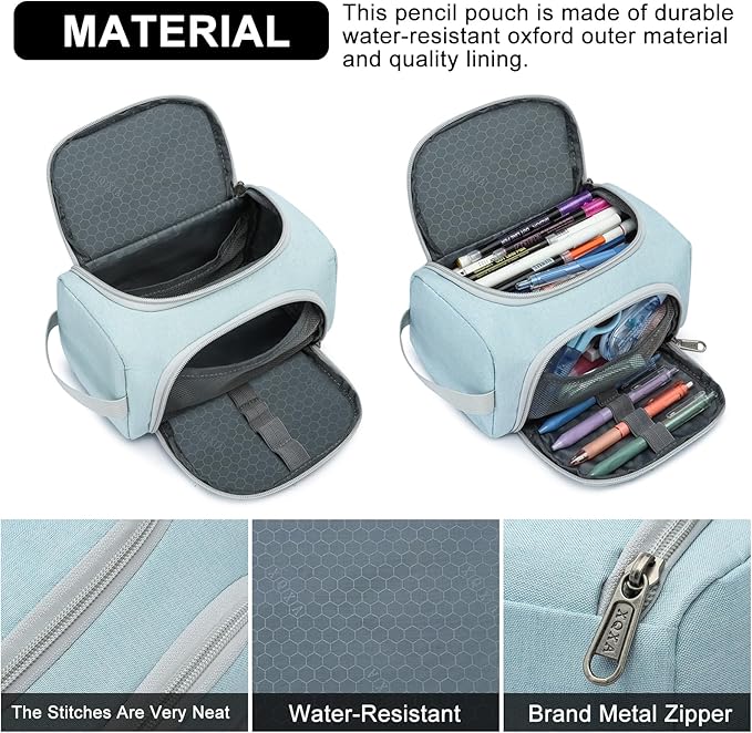 XQXA Extra Large Capacity Pencil Case Organizer, Multifunctional Pencil Pouch with Compartmens, Travel Simple Stationery Bag, Nylon Pencil Bag for Adults (Blue)
