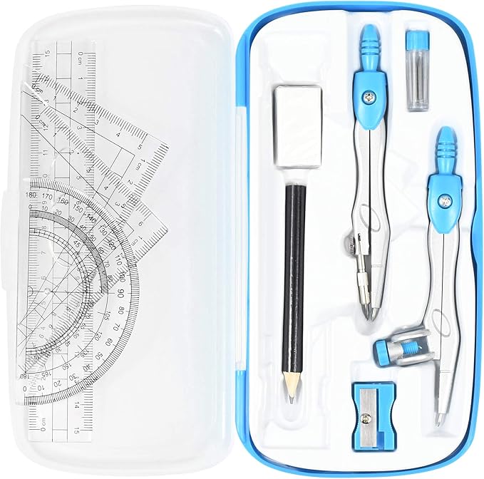 Math Geometry Kit Sets 10 Piece Student Supplies with Shatterproof Storage Box,Includes Rulers,Protractor,Compass,Eraser,Pencil Sharpener,Lead Refills,Pencil,for Drafting and Drawings（Blue）