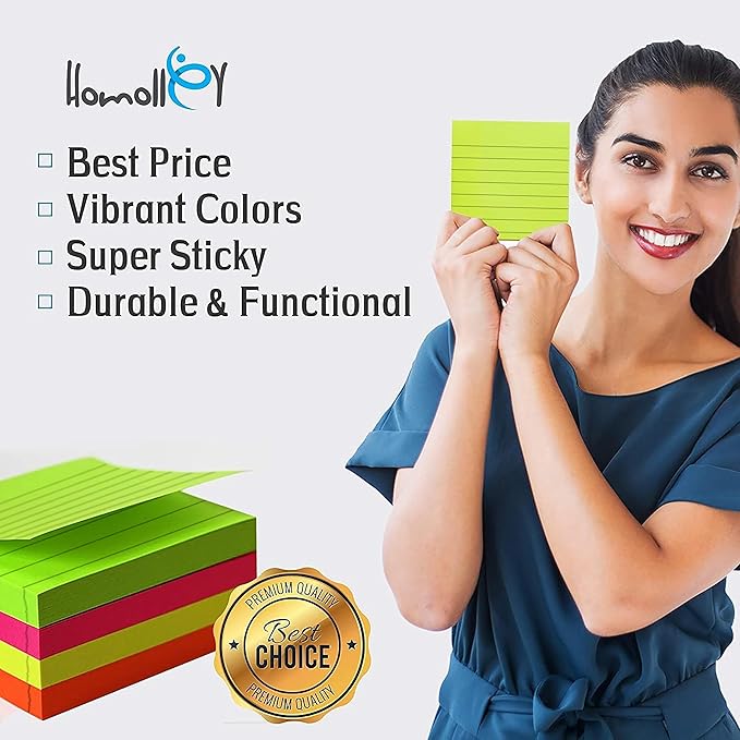 Lined Sticky Notes 3x3 Inch (24-Pack) – 2400 Sheets,100 Sheets per pad, Super Adhesive Ruled Sticky Note Pads in 8 Vibrant Colors for Office, School & Home Use