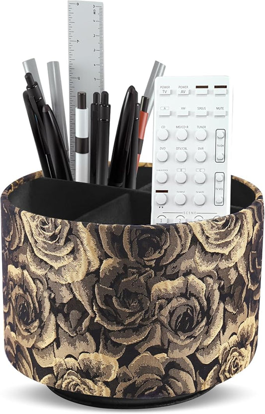 QIELIZI Round Leather Art Supply Organizer,Remote Control Holder,360 Degree Rotating,Multi-Functional Pencil Holder,4 Compartments Desktop Stationary Organizer(1-3D Rose Yellow)