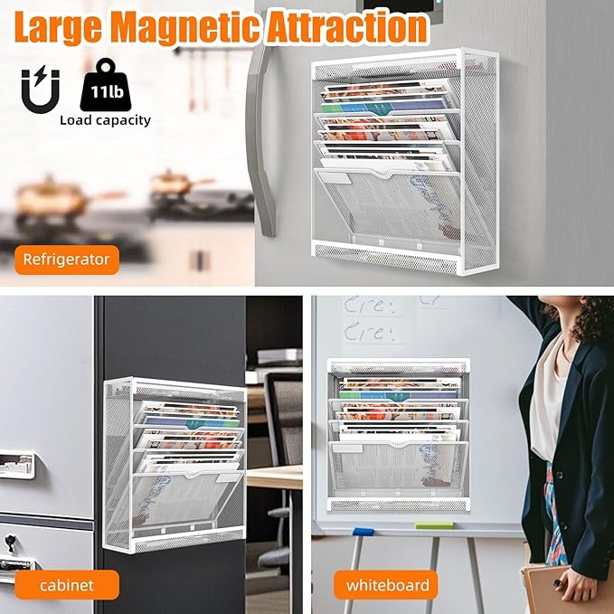 5 Tier Magnetic File Holder, No Drilling Wall File Organizer, Magazine Paper Mail Document Holder/Magnetic Hanging File Organizer for File Cabinets,Whiteboard refrigerator,Office,Classroom (White)