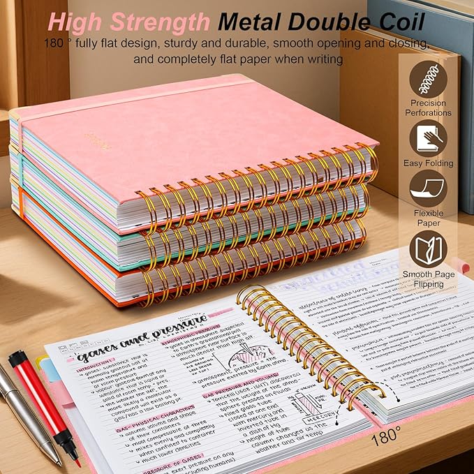 Hardcover Spiral Notebook 8"x10" Journal Notebook with Tabs and Removable Dividers 300 Pages 5 Subject Notebook College Ruled, Faux Leather Spiral Bound Notebook for Women, Students, School Work (Pink)