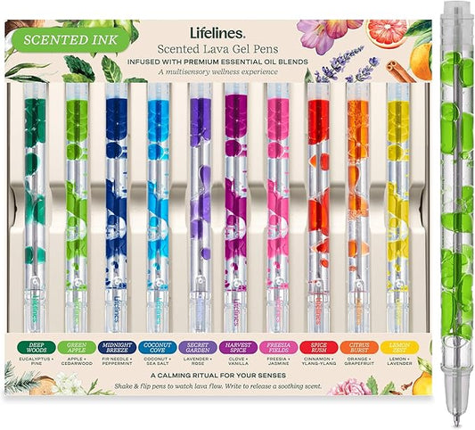 Lifelines Scented Lava Gel Pen Set, 10-Pack (Multi-Color) - 0.5mm Colored Gel Pens Infused with Scented Essential Oil Blends & Mesmerizing Lava - School Supplies for College Kids & Adults