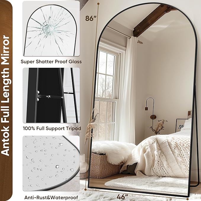 Antok Full Length Mirror, 86"x46" Oversized Floor Mirror Freestanding, Full Body Mirror Floor Standing Mirrors with Stand, Hanging Mounted Mirrors for Living Room Cloakroom,Black,Arched Style