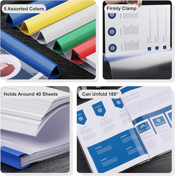 JOERSH 5Pcs Clear Report Covers with Sliding Bar, 40 Sheet Capacity Plastic Binder Paper Protector, Report Folders with Clear Cover for Resume File Documents, 5 Colors