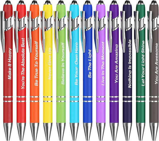 12 Pcs Inspirational Pens Bulk, Motivational Pens Ballpoint with Stylus Tips, 0.5mm Smooth Writing Pens Fine Point of Black Ink, 12 Colors with Gift Box for Home, School, Office