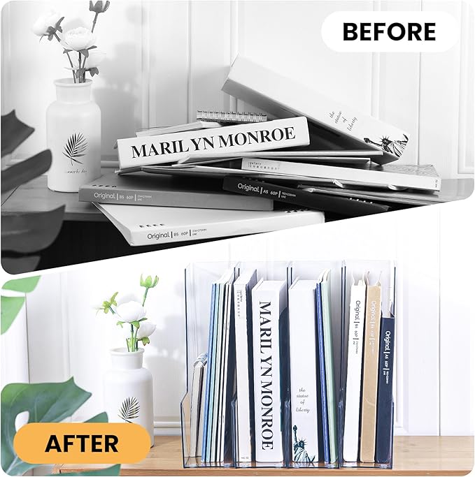 Vertical Magazine File Holder, Clear File Organizer Desk Organizer and Storage Bins Holding for Magazines, Binders, Notebooks, Envelopes, Plastic Office Organization and Storage for Desk, 4 pack