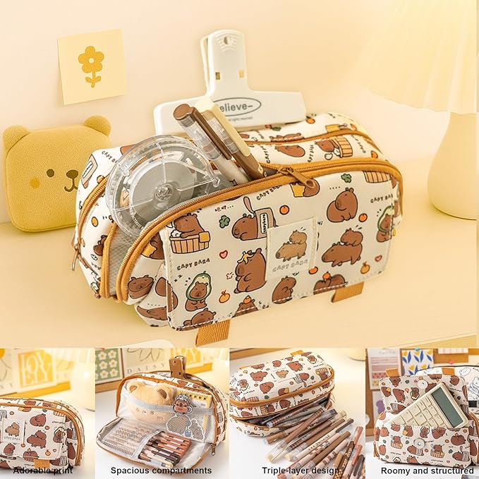 School Supplies Cute Stationery Set Back to School Capybara Pencil Case,Canvas Bag,6 Gel Pens,4 File Pockets,3 Glue Sticks,6 Mechanical Pencils, Perfect Easter Christmas Birthday Gifts for Children