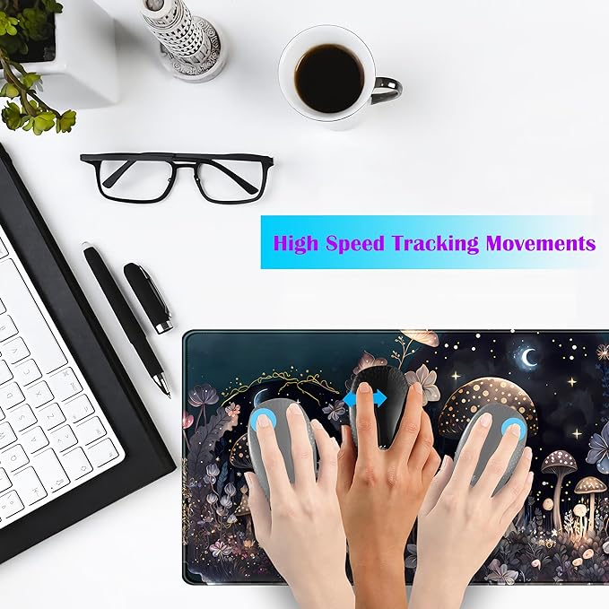 Cute Dark Mushroom Moon Night Mouse Pad XL Extended Gaming Mat with Stitched Edges, Computer Laptop Keyboard and Mouse Mat for Women Office Desk Decor, 31.5x11.8 in
