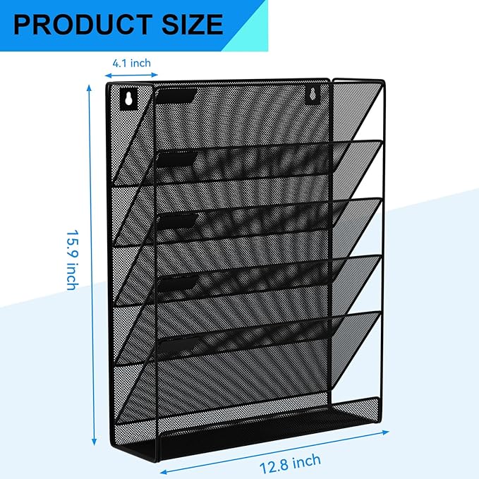 Wall File Organizer Holder Mesh Hanging Paper Document Holder,Vertical 6 Pocket Tier for Office Home, Black