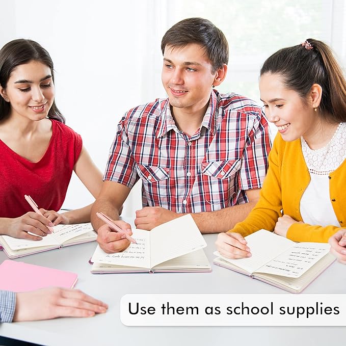 feela 3 Pack Notebooks Journals Bulk, Hardcover Notebook Classic Ruled Lined Journals with Pen Holder for Women Girls School Business Supplies, with 3 Black Pens, 120 GSM, 5.1”x8.3”, A5, Rose Pink